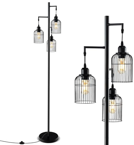 COSTWAY Lámpara de Pie Industrial Con 3 Pantallas de Jaula, Interruptor de Pie y Base Estable Para Salón, Dormitorio y Oficina