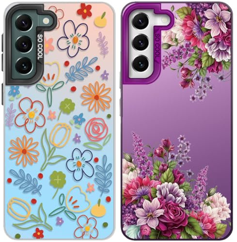 Tedyhulle Pack med 2 mobilskal för Samsung Galaxy S22 5G, färgglada lila blommor mönster för kvinnor flickor estetiskt fodral, TPU stötsäkert repbeständigt skyddande fodral