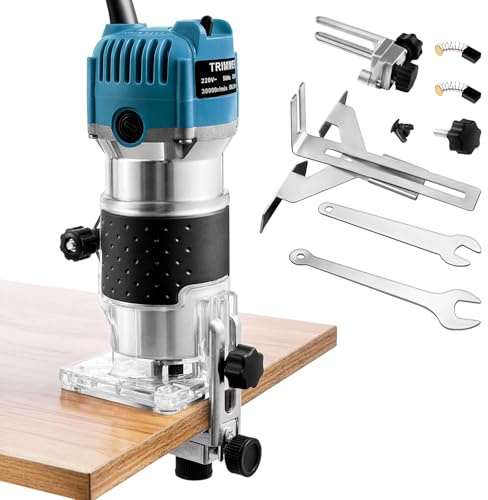 Holdfiturn Electric Hand Trimmer Soft Start Compact Router Kit Speed 30000Rpm 1/4'' Wood Trimmer Palm Router Power Router Tool (Blue)