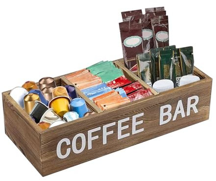 MEETOZ Cesto portaoggetti da scrivania in legno con divisori a 3 scomparti regolabili per caffetteria e bar, scatola organizer da cucina cestino decorativo per tovaglioli, capsule di caffè