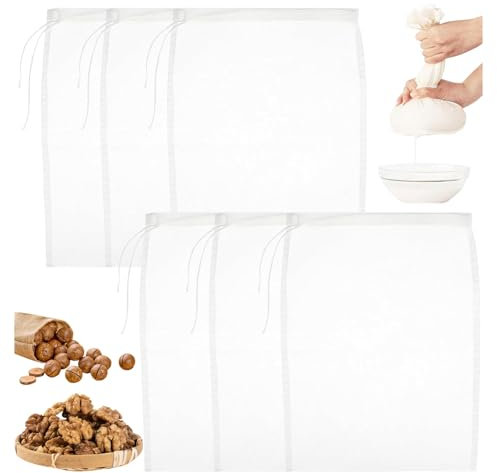 SoeUyd 6 Piezas Bolsa de Colador Reutilizable, Bolsas de Leche de Nueces, Filtro Leche Vegetal de Nailon, Apto para Leches de Frutos Secos, Zumos Frutas, Leche Soja, Café, Zumos Verduras (en Bolsas)