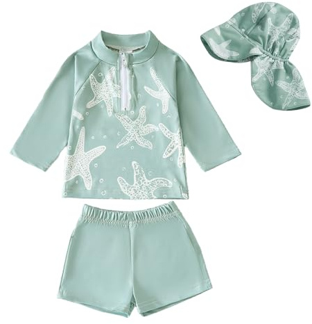 Yoolhamy Babybaddräkt, pojke, ett stycke, baddräkt, UV-skydd, baddräkt, långärmad med solhatt, Rash Guard set, 12-18 månader