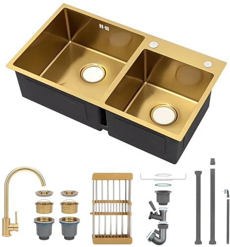 Gold Stainless Steel Bar Prep Sink with Faucet, Undermount/Drop-in Single Bowl with Golden Drain Strainer, Compact Workstation Sink Set, RV & Kitchen Workstation Sink(Gold#3,75x40cm)