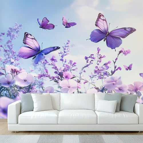 Butterfly Wallpaper, Purple Wildflower Wall Mural, Wallpaper for Bedroom Living Room, Home Decor, Photo Wall Paper, 305 x 244 cm