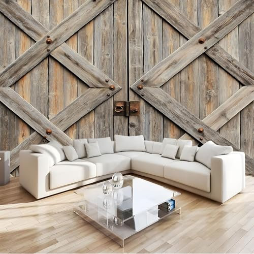 308 x 220 cm Carta da parati murale 3D, Porta Rustica In Legno E Metallo Per Fienile Carta da parati fotografica stampata, murale decorativo in tessuto non tessuto di alta qualità, Grigio