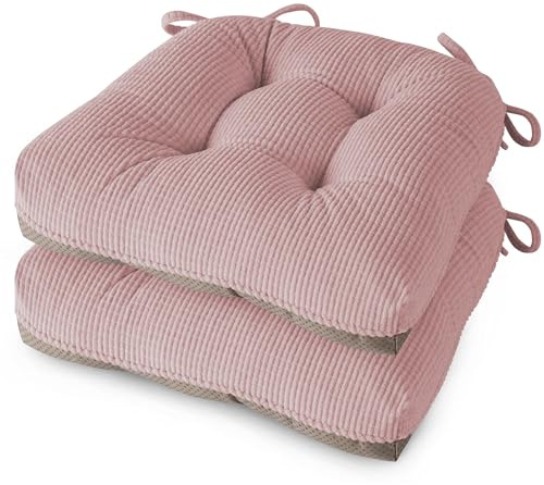 MineCozy Seat Cushions for Dining Chairs, Indoor Kitchen Chair Cushions Set of 2 with Ties, Tufted and Comfortable Kitchen Seat Pads with Non-Slip Bottom 46X42X8cm (18X16.5X3) Light Pink