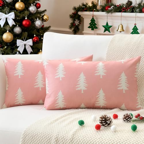 JOTOM 2er Set Weihnachten Kissenbezüge, Dekorative Weihnachtsbaum Doppelseitiges Muster Kissenbezug Moderne Kissenhüllen Dekokissen Zierkissenbezug für Wohnzimmer Garten (40x60cm, Rosa)