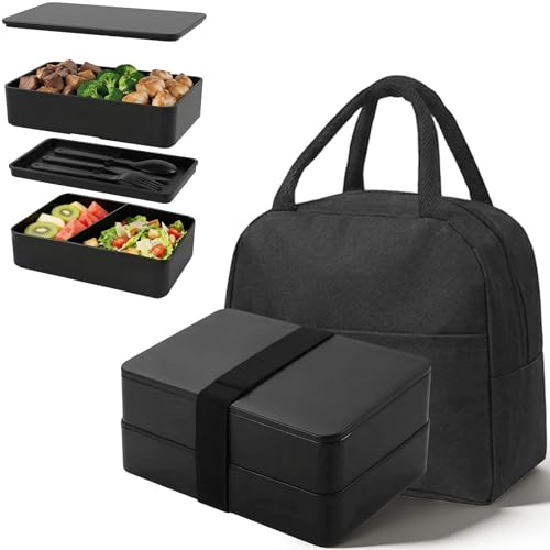 CHUNGG Lunch Bento Box for Adults & Kids, Compartments Thermal Bag Set Lunchboxes Stackable, Suitable for School Office Microwave Ovens and Dishwashers, Reusable 1200ML (Black)