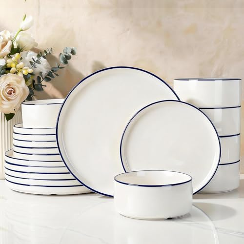 Richmount Dinner Sets for 6 People, 18 Pieces Modern Porcelain Plates and Bowls Set, Dinnerware Sets Chip Resistant, Microwave & Dishwasher Safe, Ceramic Dish Set Service for 6, White with Blue Trim