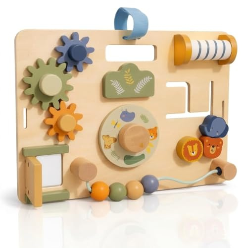 Bosbii Busy Board Montessori en Bois Safari – Planche d’Activités Éducative, Jouet Sensoriel Bébé 18 Mois à 3 Ans, Motricité Fine, Tableau d’Éveil, Cadeau Fille Garçon Anniversaire