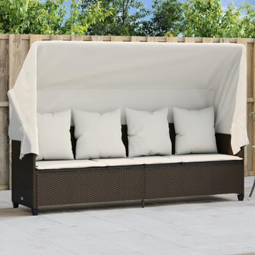 Frdhee Gartenstuhl Hochlehner Kippliege,Sonnenliege mit Dach und Kissen Braun Poly Rattan,Relaxstuhl für Balkon,Terrasse,Garten