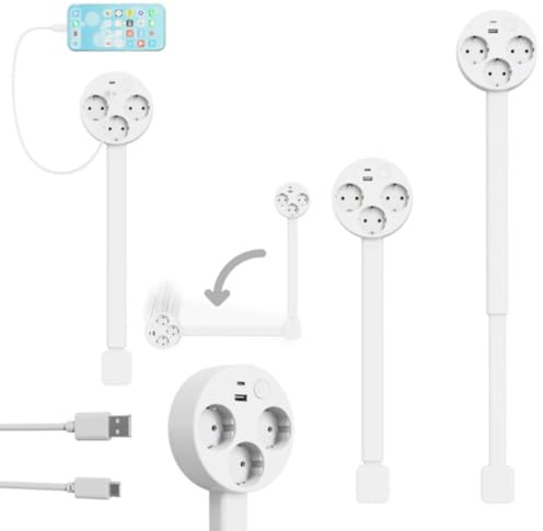 Regleta Extensible y Giratoria de Escritorio o Sofá - Prolongador Eléctrico con 2 Enchufes Schuko y Puertos USB-A/USB-C - Extensible de 47 a 67 cm, Diseño Salvaspacio