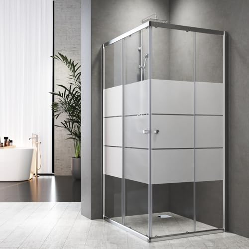 Duschkabine Eckeinstieg 75 x 75 cm Eckdusche Doppel Schiebetür Silber mit Gestreift Duschabtrennung Komplett Duschschiebetür aus 6 mm ESG Glas,Höhe 185 cm,Ohne Duschwanne