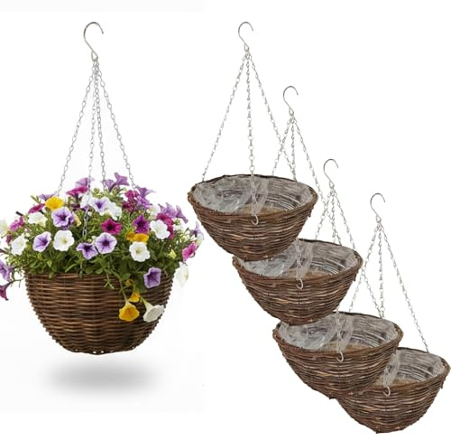 Almineez 4 x Hanging Basket Planters 30cm – 12 Inch Round Willow Woven Rattan Flower Pots with Metal Chain & Plastic Liner, Indoor Outdoor Hanging Planters for Plants, Flowers, Patio, Balcony & Garden