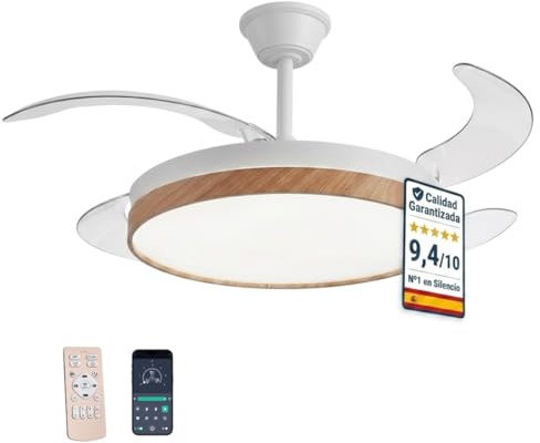 FAN PROJECT Ventilador de Techo Retractil Madera con Luz LED Silencioso - Ventilador de 108 cm con Tonos de Luz y Función Verano e Invierno con APP - Hasta 25 m2-30 W Motor DC