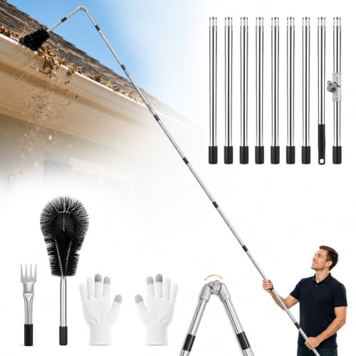 Telescopic Gutter Cleaning Tools, 9 Section Telescopic | 180°Adjustable Angle Pole, Gutter Brush, Gutter Scoop, for Removing Leaves, Debris, for Ditch, Gardens