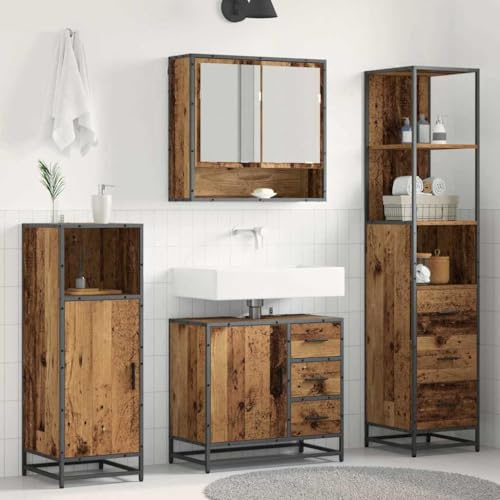 HengCaDa Bathroom Furniture Set with Washbasin, Mirror Cabinet and Tall Cabinet Made of Wood in Reclaimed Wood Look, 3-Piece Space-Saving with Drawers and Shelf for Guest Toilet and Bathroom