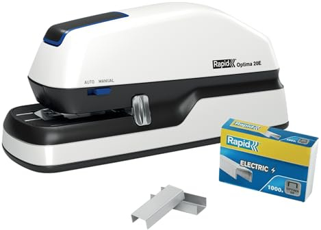 Rapid Optima 20E Elektrisk Häftapparat, Kontaktlös och Automatisk Häftning, 1000 x Häftklammer Ingår, Vit Elhäftare, Kapacitet för 20 ark, 2102351