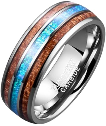 NUNCAD Bague Homme/Femme Argenté en Tungsten avec l'opale-Synthétique,Bague Bois 8mm Anneau pour Mariage Fiançailles Souvenir Cadeaux Taille 66(21.0)