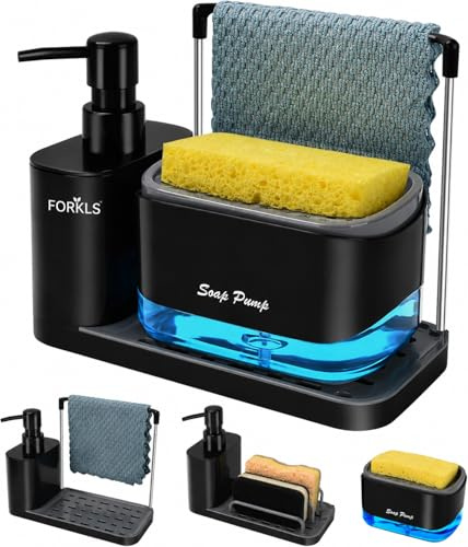 FORKLS 5-in-1 Kitchen Sink Organizer with Hand & Dish Soap Dispenser, Sponge Holder, Dishcloth Rack and Drain Tray, Countertop Sink Caddy for Kitchen Storage, Black