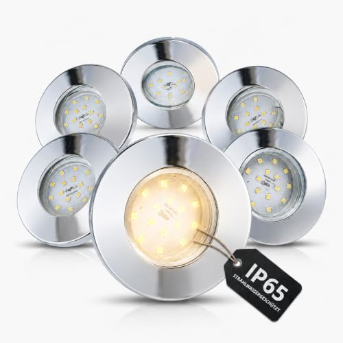 Trango 6er Set IP65 LED Einbaustrahler 6729IP65-068MO aus Edelstahl poliert inkl. 6x 5 Watt 3000K warmweiß Ultra Flach LED Modul für Bad, Dusche, Einbauspots, Deckenstrahler, Deckenlampe Badleuchte