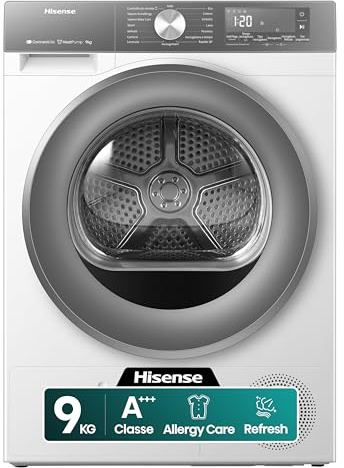 Hisense DH3S902BWCCA Asciugatrice A Pompa Di Calore, 9 Kg, A+++/C, Bianco/Silver, Big Display, 16 programmi, Refresh,WiFi, Porta Reversibile