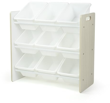 Humble Crew Wooden Toy Storage Organiser for Children & Toddlers, with 9 BPA Free Plastic Removeable Storage Bins, Ideal for Storing Toys, Games, Books and Craft Supplies - Sandwashed/White