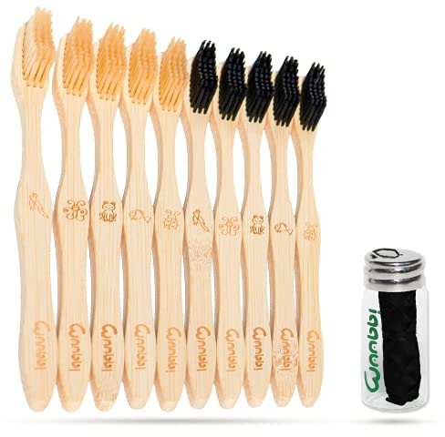 Cepillo de dientes de bambú con 10 cerdas suaves y hilo dental de carbón activo vegetal para limpieza de dientes, kit de cepillos de bambú blanqueador de dientes profesional, 100 % libre de BPA vegano