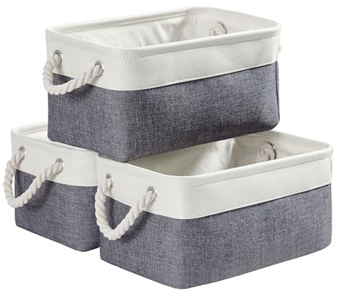 Mangata 3 Stück aufbewahrungskorb Stoff, Faltbare aufbewahrungsbox Schrank, Korb aufbewahrung Stoff mit Seil für Spielzeug, kleiderschrank, Regale, Kleidung (kaltes graues Weiß, Klein)