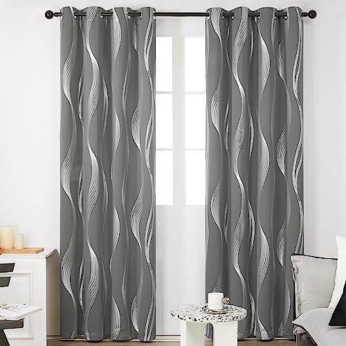 Deconovo Blackout Curtains for Living Room 52 x 84 Inch, Eyelet Curtains Thermal Insulated Silver Wave Line Foil Printed Curtains, Light Grey, 2 Panels