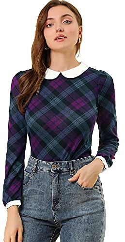 Allegra K Donna Camicia Blusa Plaid Peter Pan Colletto Contrasto Puff Manica Viola S