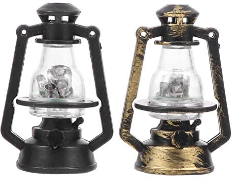 Miniatur Laterne LED Puppenhaus Vintage llampe mit Beleuchtung Puppenstuben Modell Wichtelhaus Ornament Puppenhaus für Mikrolandschaft Fee Garten Deko 2 Stück