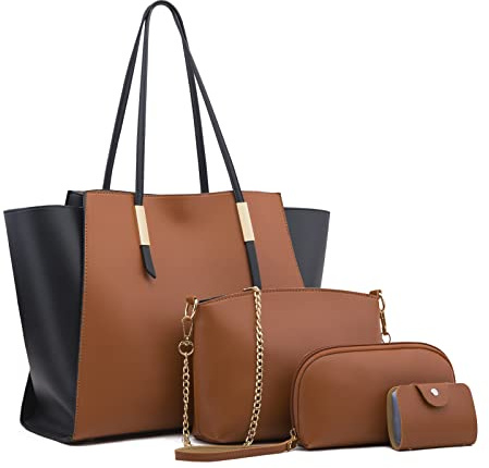 FANDARE Elegant Damen Handtasche Frauen Citytasche 4-teiliges Set mit Umhängetasche Unterarmtasche Brieftasche Schulterbeutel Shopper Tote für Reise Alltag Büro Schule Ausflug Henkeltasche Braun