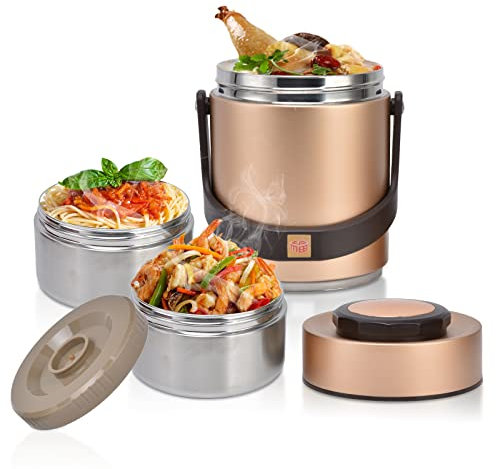Edelstahl Thermo Lunchbox, 1,5 Liter Isolierter Essen Lunch Pot, 2 Etagen Vakuum Thermobehälter für Warme Speißen, Mahlzeiten, Babynahrung, Suppe, Mittagessen zum Büro, Picknick im Freien(Gold)