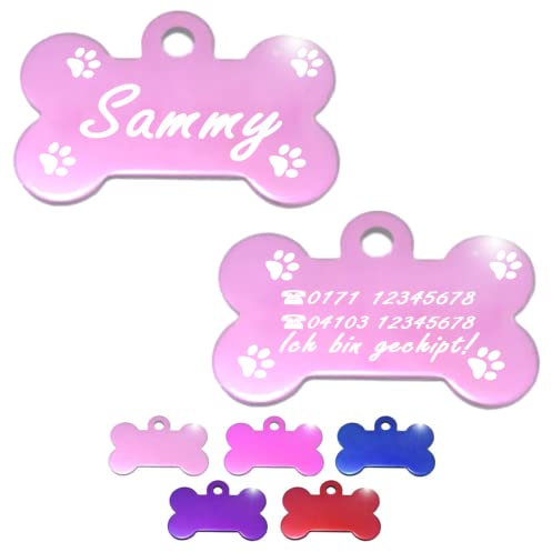 Ibera gifts - Hundemarke mit Gravur, Hundemarke personalisiert, XL, Knochenförmig, für große Haustiere, Aluminium (Rosa)