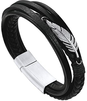 Bandmax Herren Feder Flechtarmband Lederarmband Wickelarmband Mikrofaser-Leder Armband Männerarmband mit Magnetverschluss Schicke Armschmuck für Geburtstag Weinachten Länge 19CM