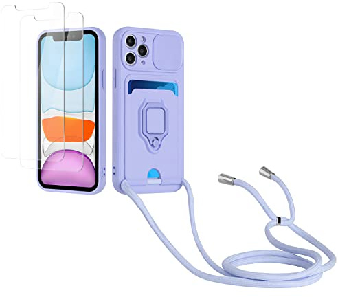 Kaslly Case für iPhone 11 Pro Handykette Hülle+[2 Schutzfolie Glas],Slide kameraschutz,Silikon Handyhülle zum Umhängen Kette,Kartenfach-Violett