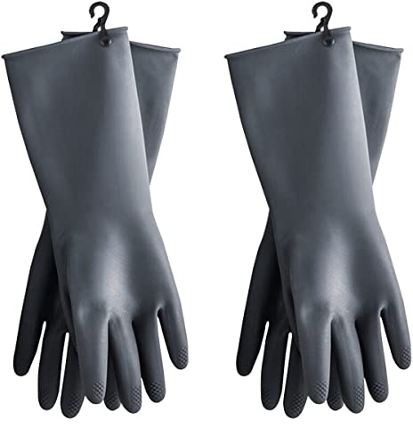 HOMSSEM Dishwashing Gloves with Hanging Hook, 2 Pairs Waterproof Rubber Kitchen Cleaning for Dishwashing and Household Use (Gray Medium_2pairs)