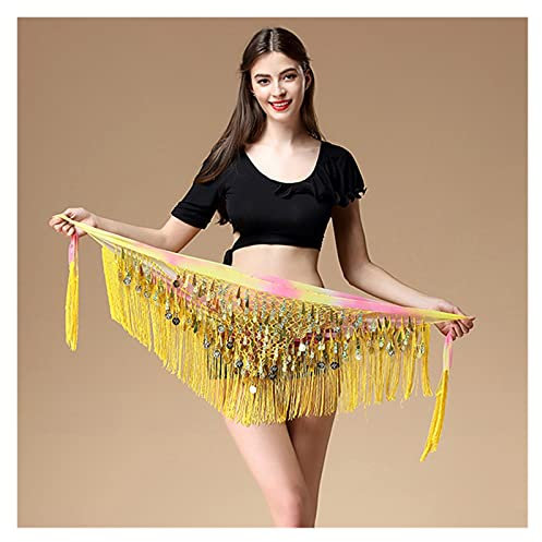 BAtlam Münzgürtel Damen Gürtel Bauchtanz Schal Hüfte Bauchtanz Zubehör Pailletten Quaste Dreieck Wrap Kostüm Gürtel Schal Chiffon Fransen Schal Münzschal (Gelb Einheitsgröße)