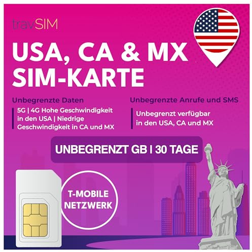 travSIM USA, Canada Mexico SIM Karte | T-Mobile-Netzwerk | 50 GB Daten für die USA, 5 GB für Kanada und Mexiko | Unbegrenzte Inlandsgespräche und SMS | Gültig für 30 Tage