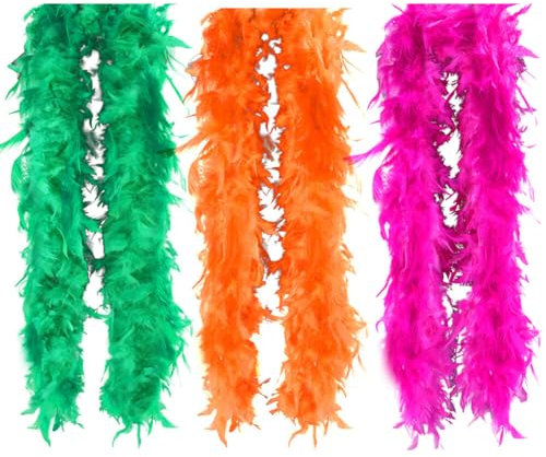 2 Meter Federboa Weihnachtsboa,3 Stücke Flauschige Federboa Truthahnfedern DIY Frauen Verkleidung Dekorationen Basteln Zubehör für Damen Kinder Weihnachten Karneval Party,Rose + Orange +Grün