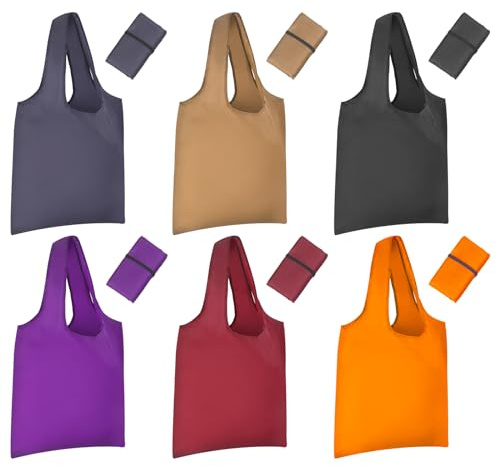 Keadic 6Pcs Reusable Grocery Shopping Bag, Recycle Tote Bags, Machine Washable Polyester Waterproof Groceries Pouch for Travel Outdoor Activities
