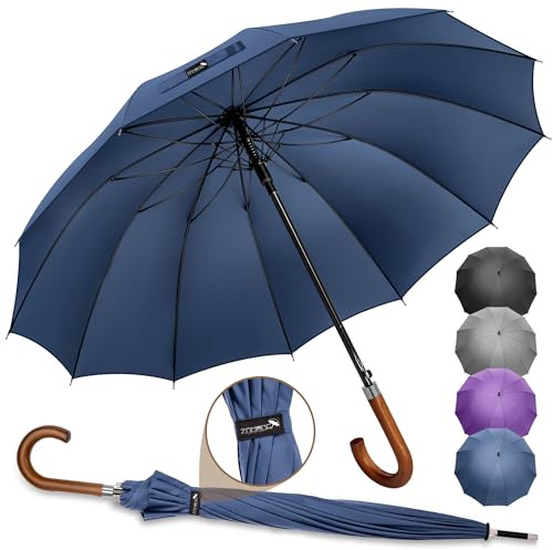 ZOMAKE Stick Umbrella Wood Handle,Cane Walking Classic Umbrellas for Men Women,12 Ribs Stick,55 Inch(Navy Blue)