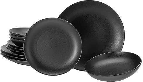 CreaTable, 16814, Serie Magic Black Coupe, 12-teiliges Geschirrset für 4 Personen, Tellerset aus Steinzeug, spülmaschinen- und mikrowellengeeignet, Made in Europe