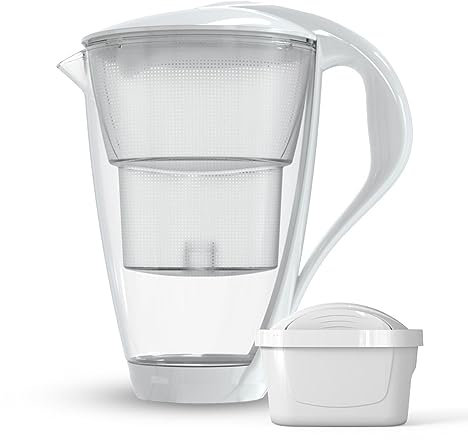 Dafi Jarra Filtradora de Agua de Cristal CRYSTAL Blanco 2L - incl. Filtro de Agua UNIMAX, Sistema de Filtrado de Agua para Reducir la Cal, el Cloro, Sin BPA, Sensor LED - Jarra Filtrante de Agua