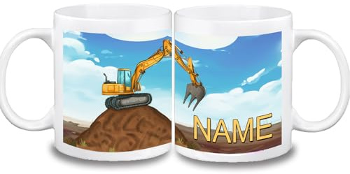 Kinder Tasse personalisiert mit Name, Bagger | Farbwahl Tasse, Schriftwahl für Name, Keramik oder Kunststoff