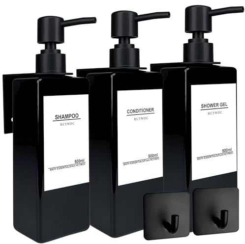 HCYWOC Schampodispenser för duschvägg, schampo och balsamdispenser med 16 vattentäta etiketter, ingen borr dusch tvåldispenser badrum, dusch tvåldispenser väggmonterad 3 kammare, 17 oz, svart