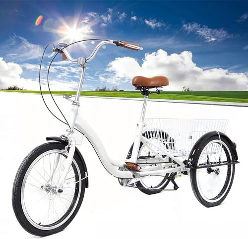 VonVVer 20 Dreiräder Erwachsene mit Korb - 1 Gang Dreirad für Erwachsene 110KG Last Höhenverstellbar 3 Räder Fahrrad Cityräder Cruise Einkaufsrad für 155-185cm Senioren Frauen Ältere(Weiß)(Weiß)