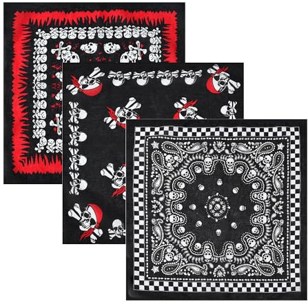 KRYMSON Conjunto de pañuelo pirata de 3 piezas, pañuelo informal transpirable de algodón puro, bufanda de calavera, unisex, accesorios para motociclismo