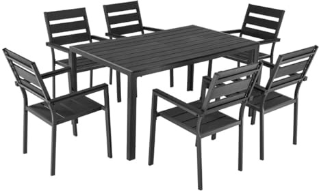 ALEOS. Gartengarnitur Aluminium WPC Set: Tisch 150x90 cm + 6 Gartenstühle mit Armlehne stapelbar, Serie: Milos